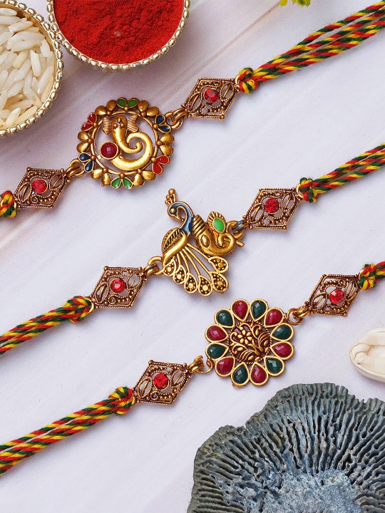 Unisex Set of 3 Lord Ganesha & Floral Designer Rakhi - Image 2