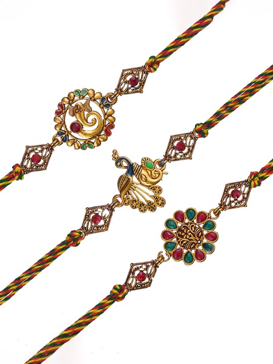 Unisex Set of 3 Lord Ganesha & Floral Designer Rakhi - Image 3