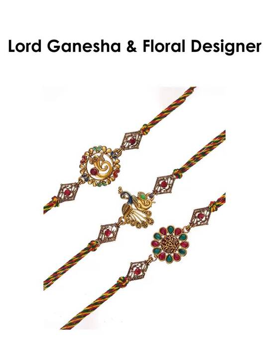 Unisex Set of 3 Lord Ganesha & Floral Designer Rakhi - Image 4