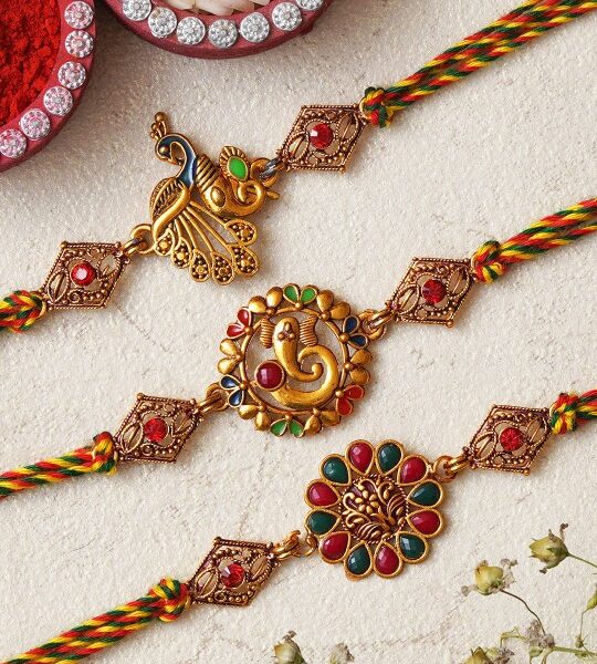 Unisex Set of 3 Lord Ganesha & Floral Designer Rakhi